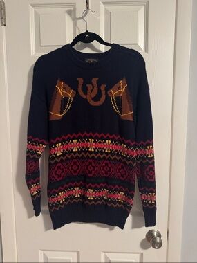 Charter Club Navy Crewneck Sweater with Horse Motif and Multicolor Fair Isle